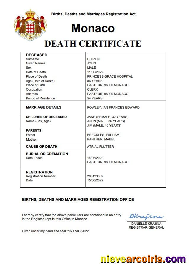 Monaco vital record death certificate